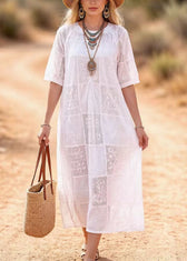 Beautiful White O Neck Embroidered Lace Maxi Dress Summer 5