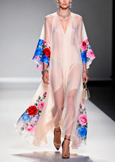 Beautiful White Oversized Floral Print Chiffon Maxi Dresses Summer