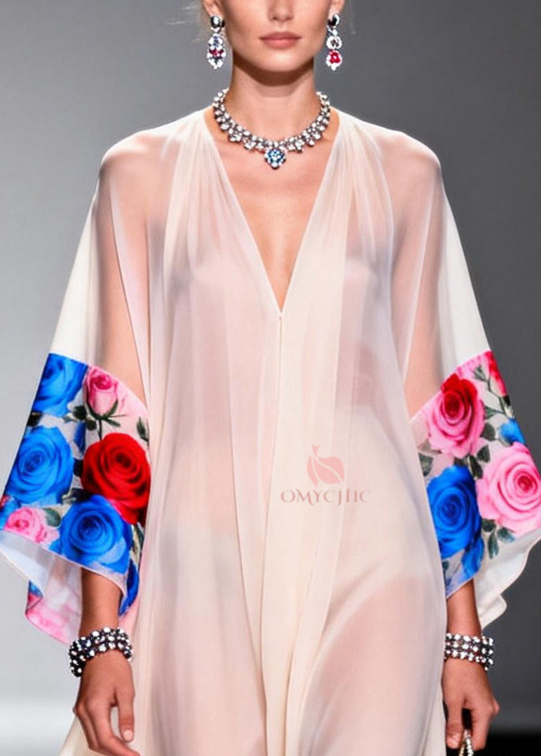 Beautiful White Oversized Floral Print Chiffon Maxi Dresses Summer 2