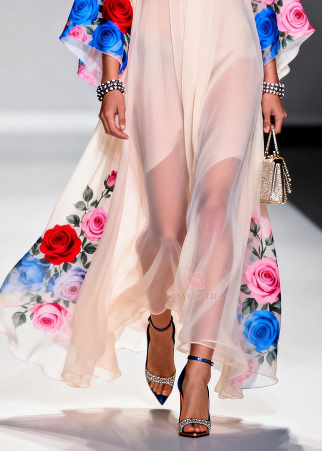 Beautiful White Oversized Floral Print Chiffon Maxi Dresses Summer 4
