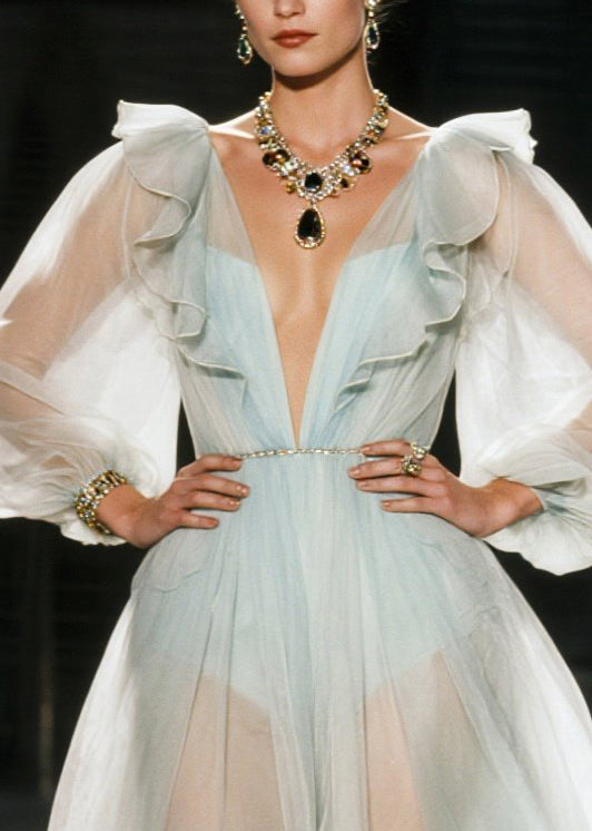Organza Deep V-Neck Puff Sleeve Ruffle Fit and Flare Midi Dress