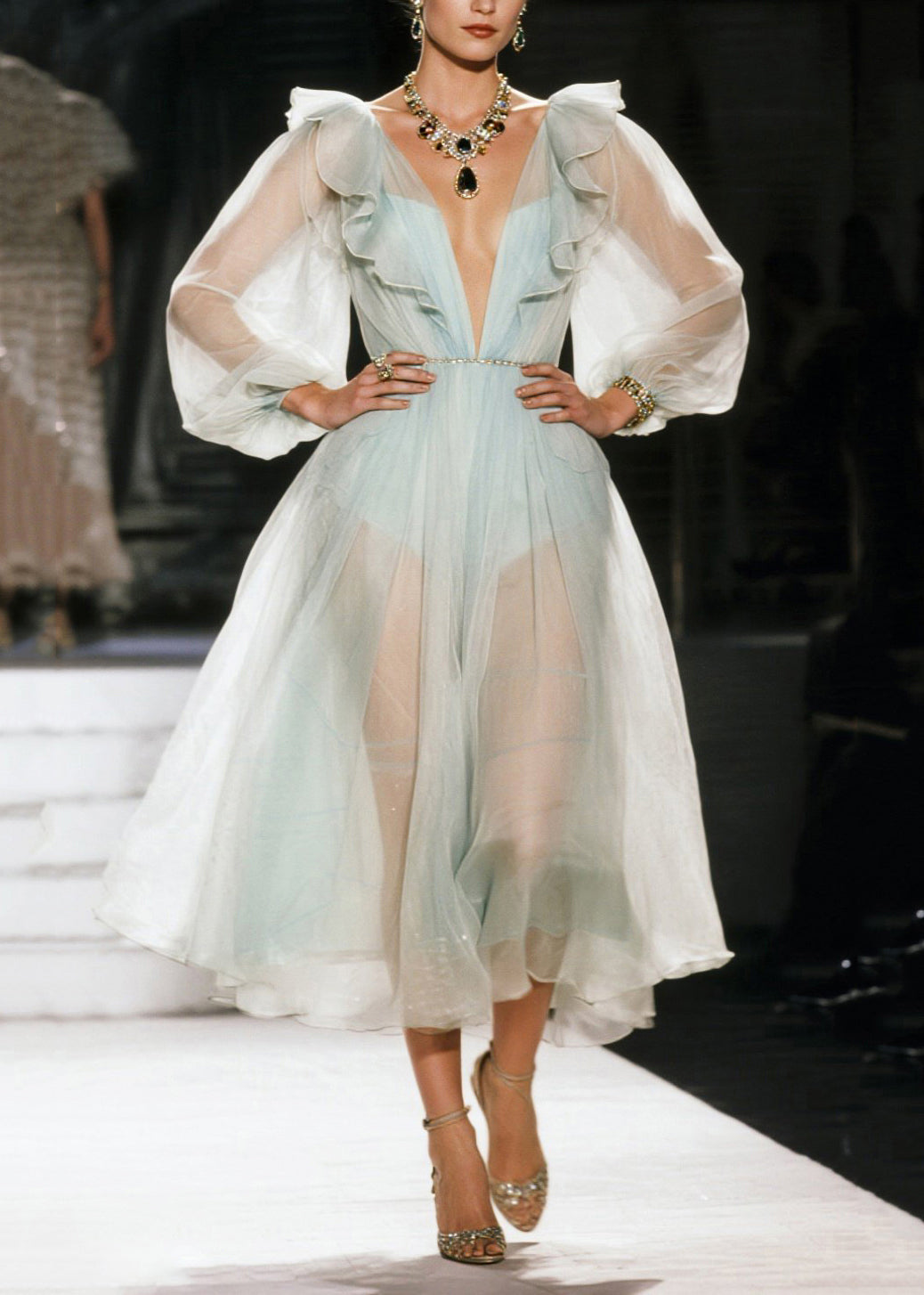 Organza Deep V-Neck Puff Sleeve Ruffle Fit and Flare Midi Dress