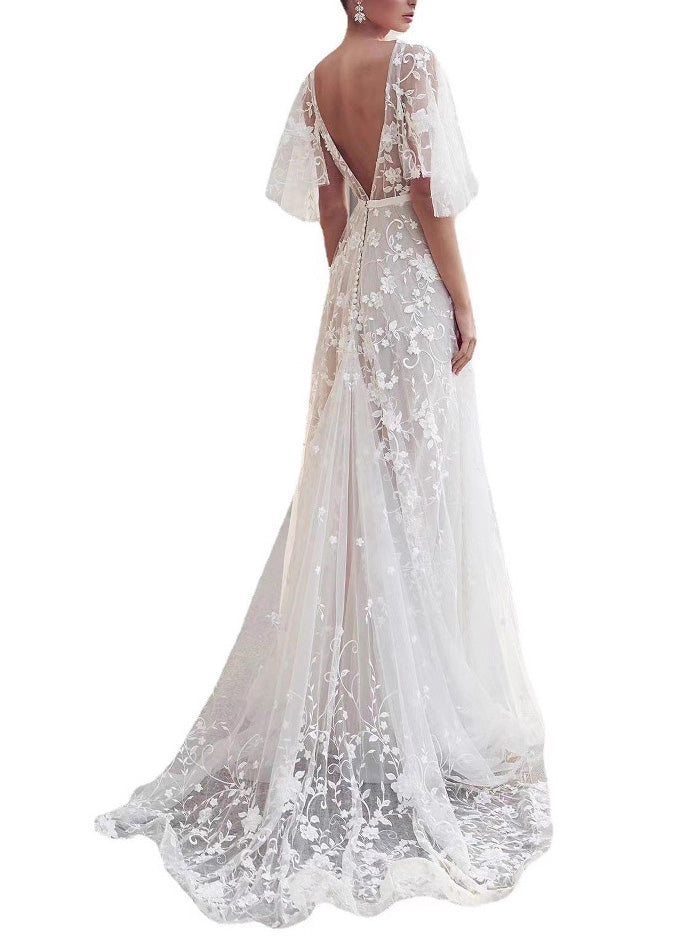 Beautiful White V Neck Backless Tulle Lace Long Dress Summer 3
