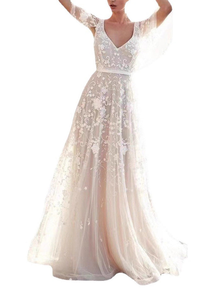 Beautiful White V Neck Backless Tulle Lace Long Dress Summer 4