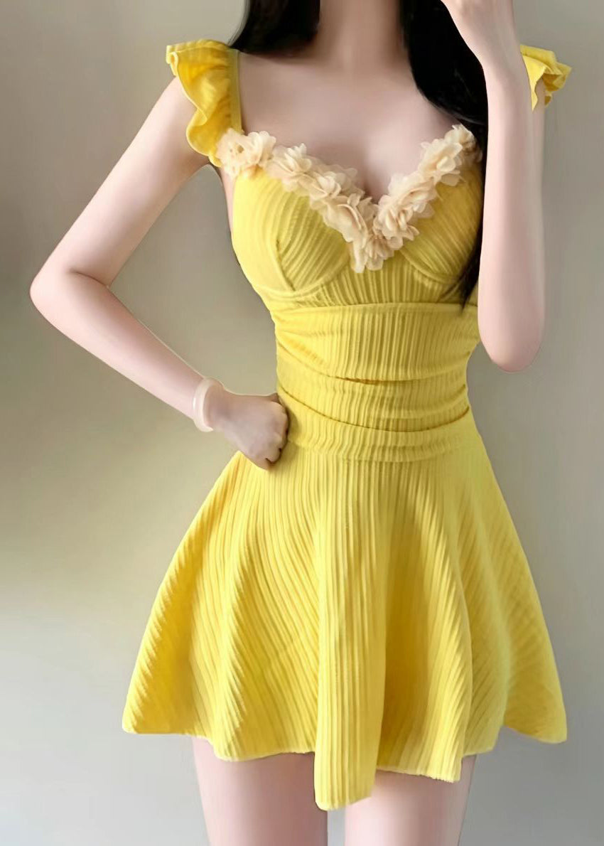 Beautiful Yellow Patchwork Ruffled Swimwear Dress Bodysuit