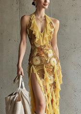 Beautiful Yellow Print Side Open Tulle Maxi Dress Summer 2
