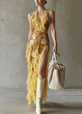 Beautiful Yellow Print Side Open Tulle Maxi Dress Summer 3