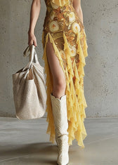 Beautiful Yellow Print Side Open Tulle Maxi Dress Summer 4