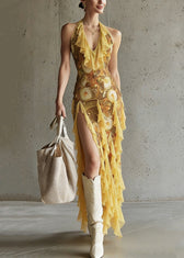 Beautiful Yellow Print Side Open Tulle Maxi Dress Summer 5