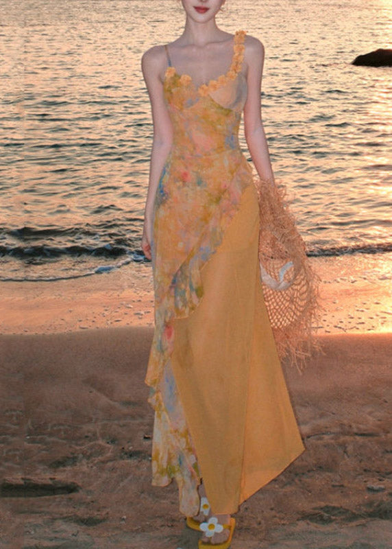 Floral Print Chiffon Spaghetti Strap Applique Ruffle Drape Maxi Dress