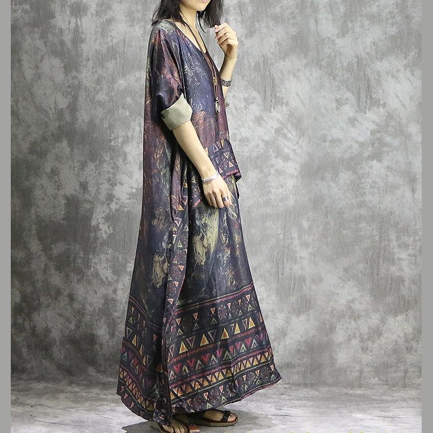 Geometric Border Abstract Print Oversized Layered Asymmetrical Three Quarter Sleeve Maxi Dress