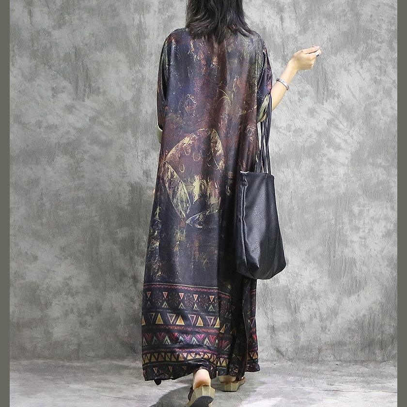 Geometric Border Abstract Print Oversized Layered Asymmetrical Three Quarter Sleeve Maxi Dress
