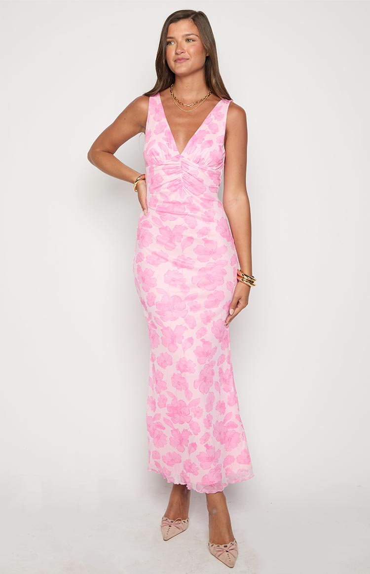 Floral Print Deep V-Neck Ruched Bust Sleeveless Maxi Dress 2