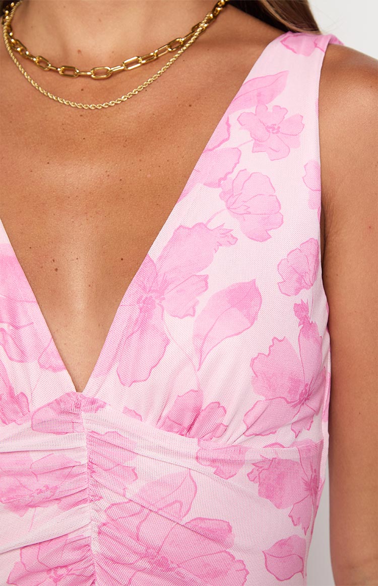 Floral Print Deep V-Neck Ruched Bust Sleeveless Maxi Dress 5