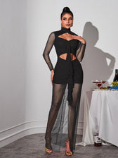 Long Sleeve Cutout Mesh Maxi Dress In Black - View 4