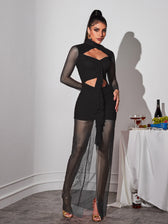 Long Sleeve Cutout Mesh Maxi Dress In Black