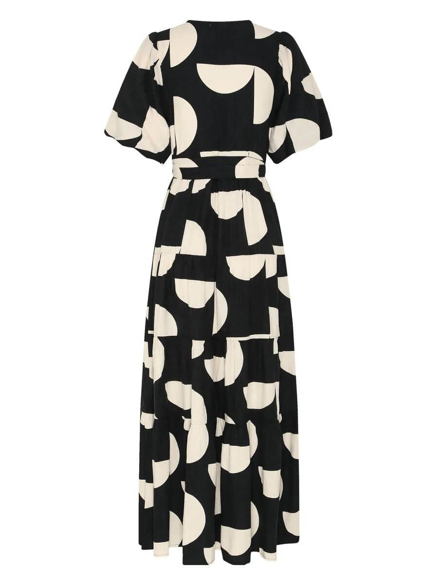 Puff Sleeve V - Neck Geometric Print Midi Dress