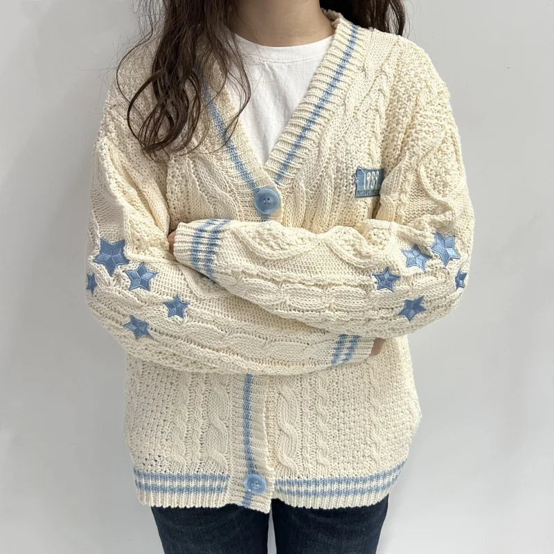 V-Neck Star Embroidered Cable Knit Stripe Trim Button Front Cardigan