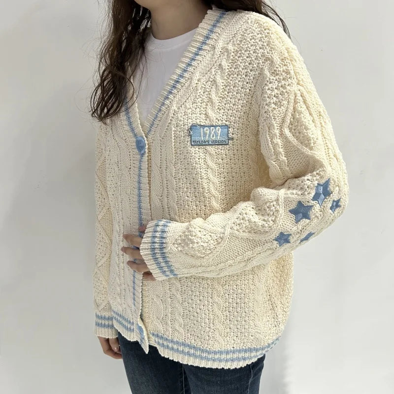 V-Neck Star Embroidered Cable Knit Stripe Trim Button Front Cardigan 3