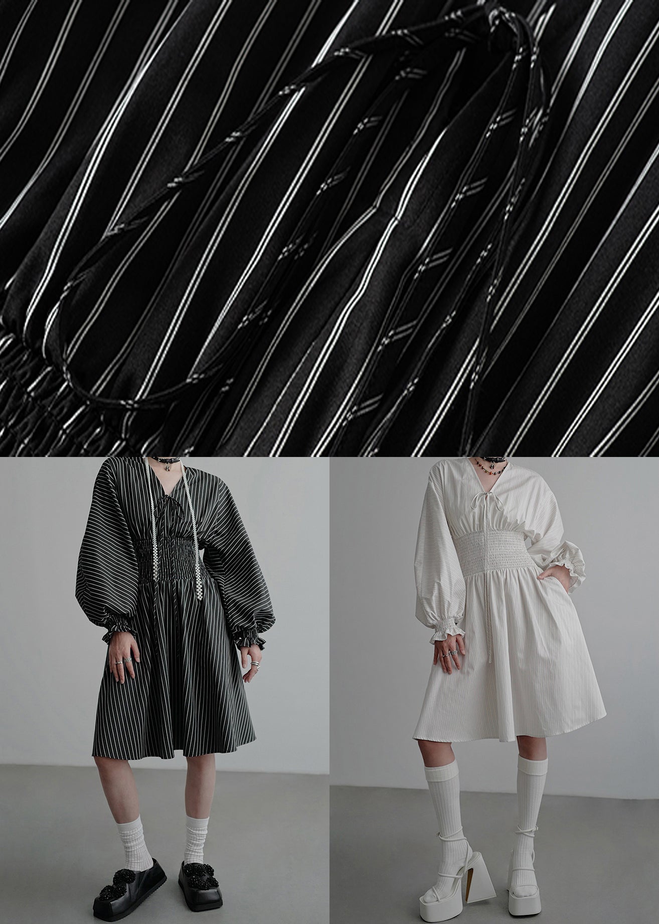 Pinstripe Lantern Sleeve Drawstring V-Neck Smocked Waist Midi Dress