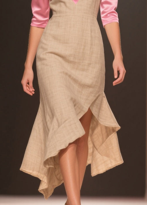 Deep V-Neck Three Quarter Sleeve Satin Trim Woven High Low Ruffle Midi Dress