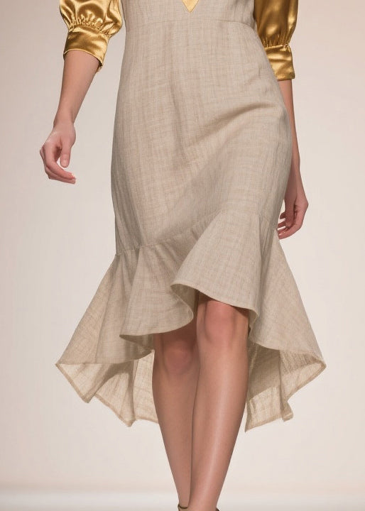 Faux Two-Piece Deep V-Neck Three Quarter Puff Sleeve Woven Ruffle Hem Midi Dress