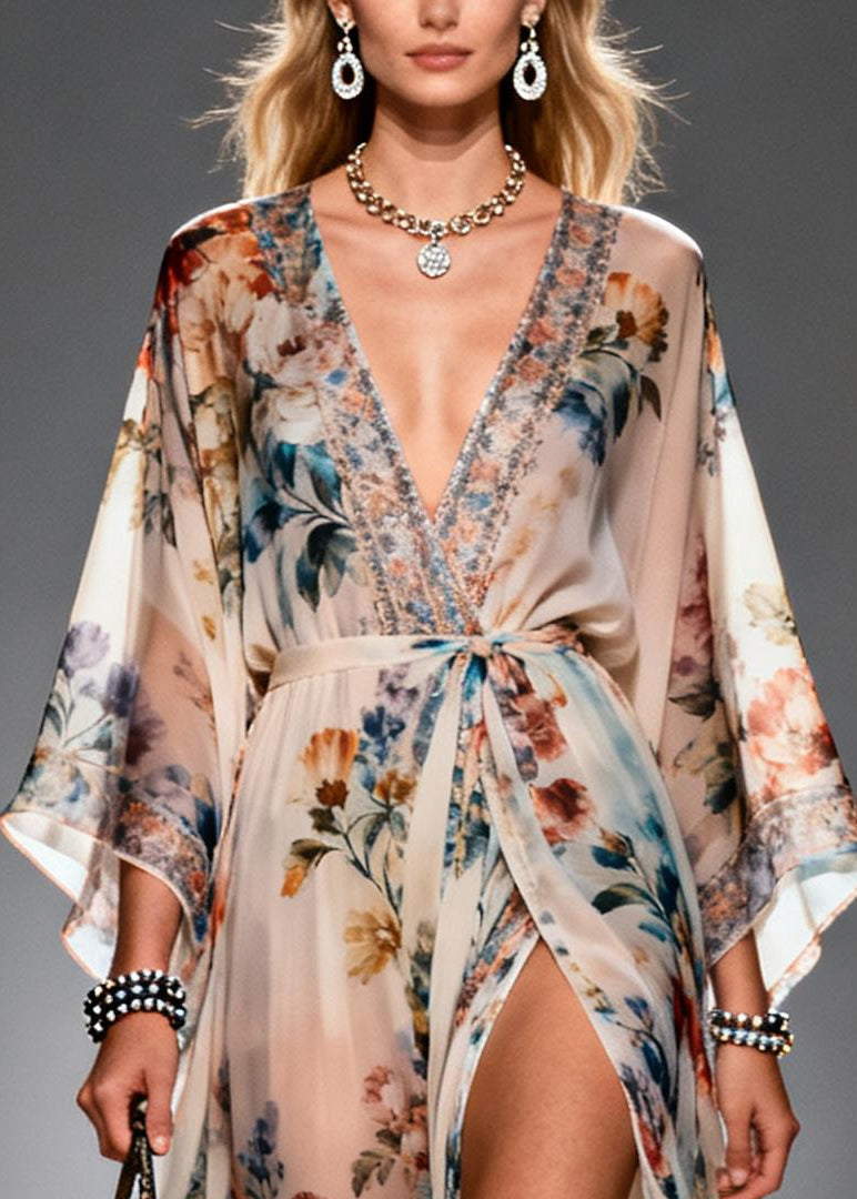 Beige Print Chiffon Maxi Dresses Exra Large Hem Side Open Summer 2