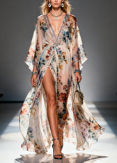 Beige Print Chiffon Maxi Dresses Exra Large Hem Side Open Summer 3