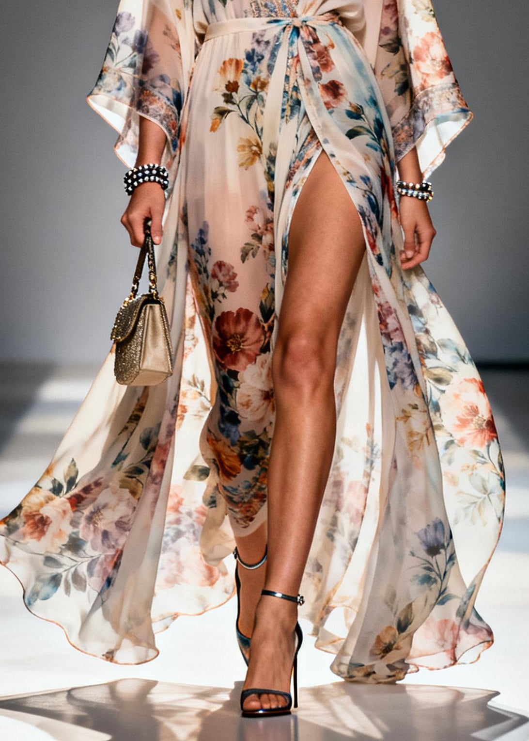 Beige Print Chiffon Maxi Dresses Exra Large Hem Side Open Summer 4