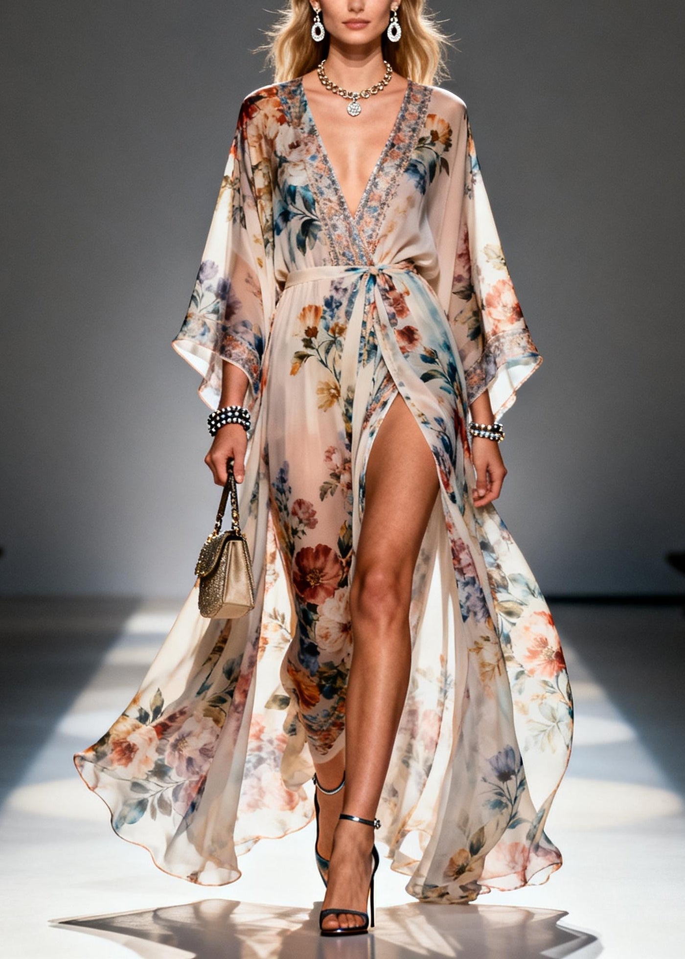 Beige Print Chiffon Maxi Dresses Exra Large Hem Side Open Summer 5