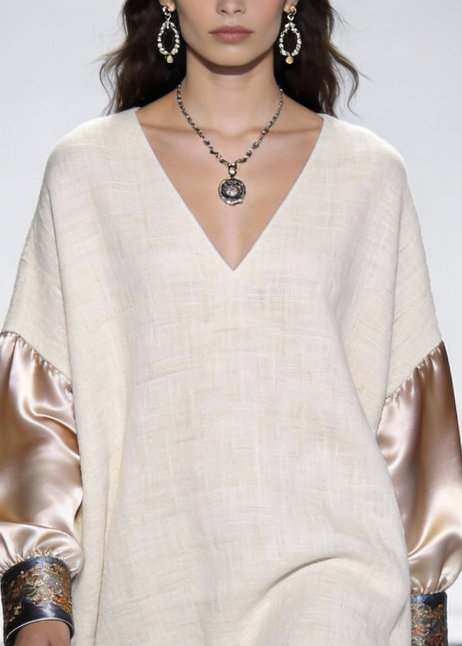 V-Neck Long Sleeve Embroidered Cuff Woven Patchwork Mini Dress