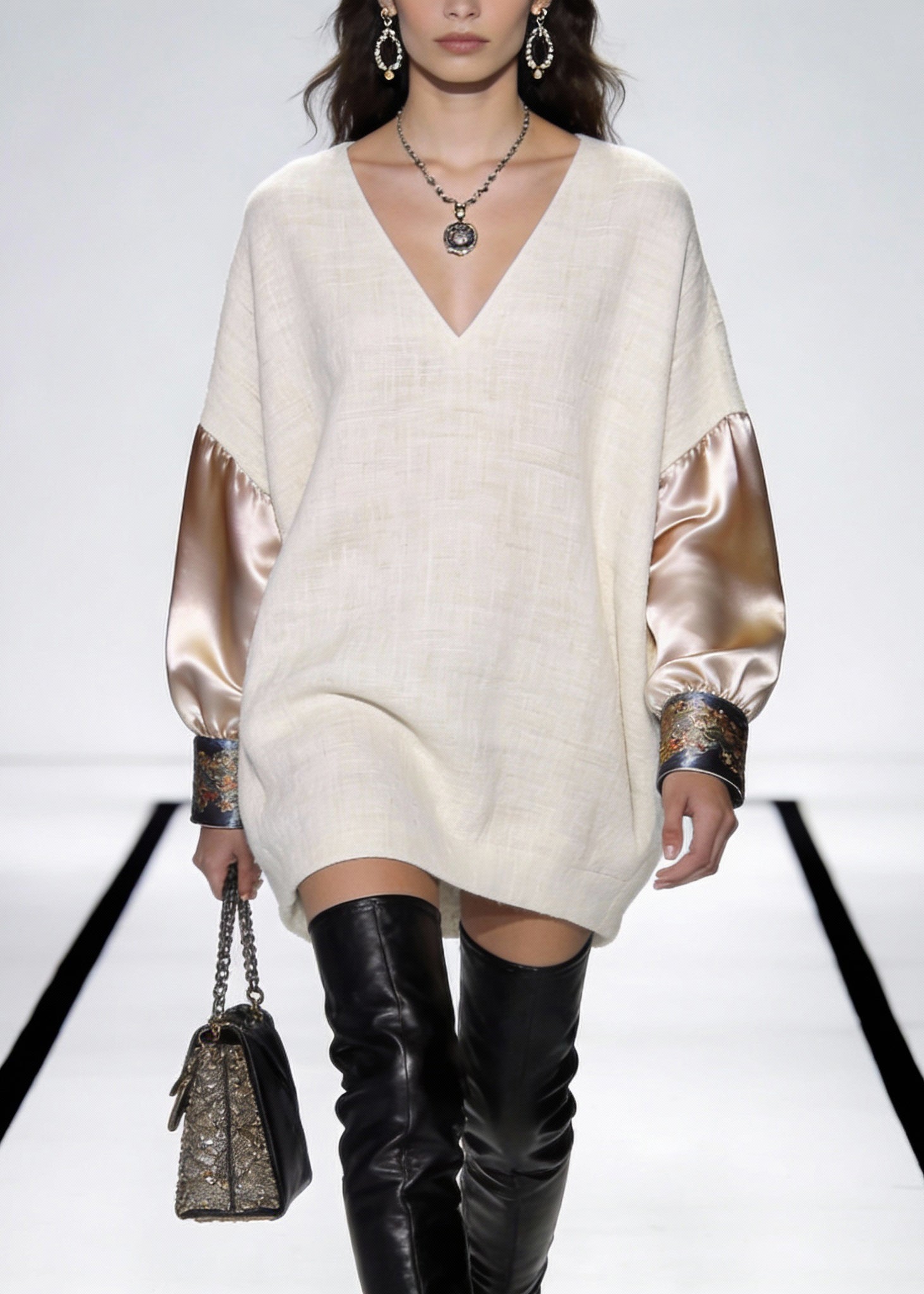 V-Neck Long Sleeve Embroidered Cuff Woven Patchwork Mini Dress