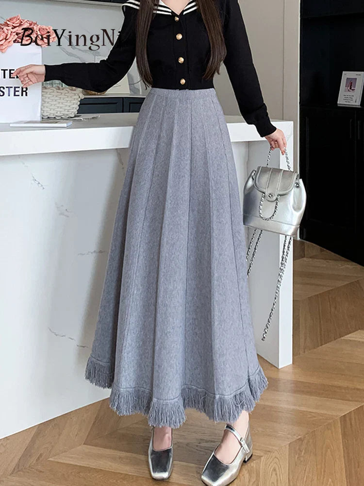 Thick Elegant Autumn Winter Fashion Tassel Warm Knitwear Casual Skirt