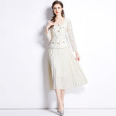 Faux Two Piece Lace Long Sleeve Pleated Midi Dress