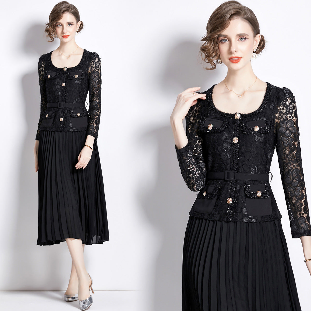 Faux Two Piece Lace Long Sleeve Pleated Midi Dress 2
