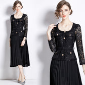 Faux Two Piece Lace Long Sleeve Pleated Midi Dress 2