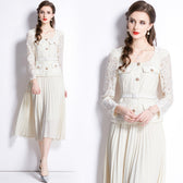Faux Two Piece Lace Long Sleeve Pleated Midi Dress 3
