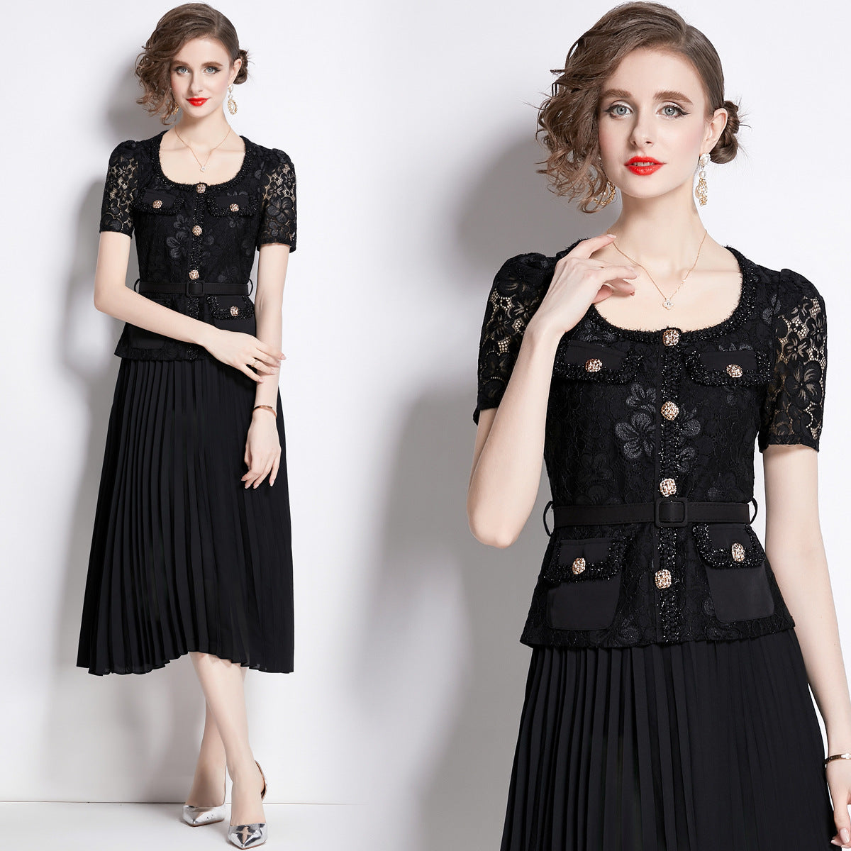 Faux Two Piece Lace Long Sleeve Pleated Midi Dress 4