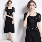 Faux Two Piece Lace Long Sleeve Pleated Midi Dress 4