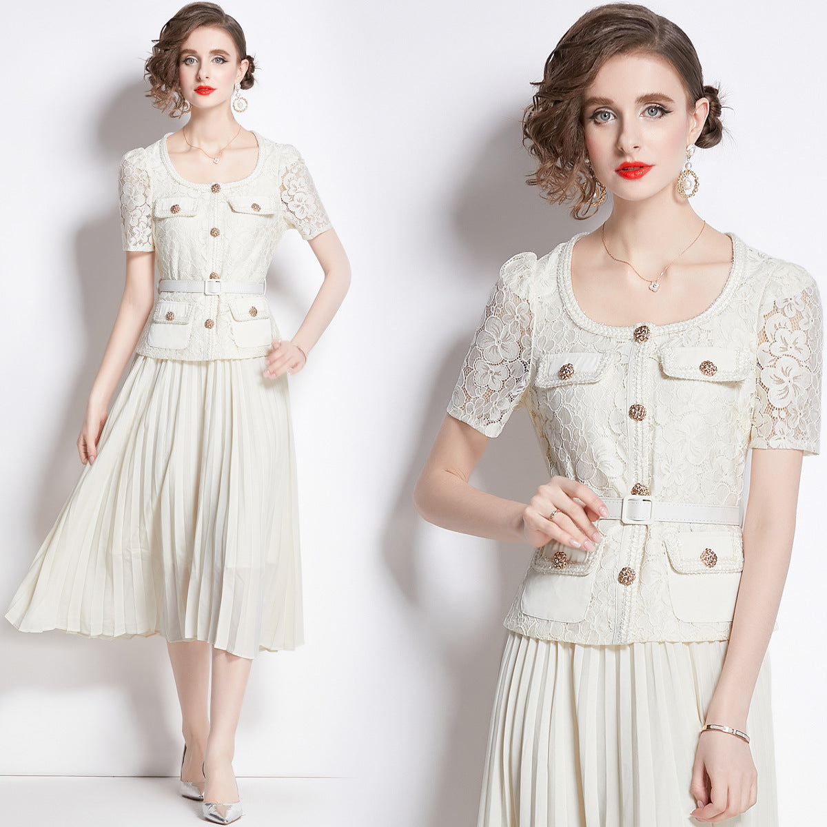 Faux Two Piece Lace Long Sleeve Pleated Midi Dress 5