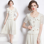 Faux Two Piece Lace Long Sleeve Pleated Midi Dress 5
