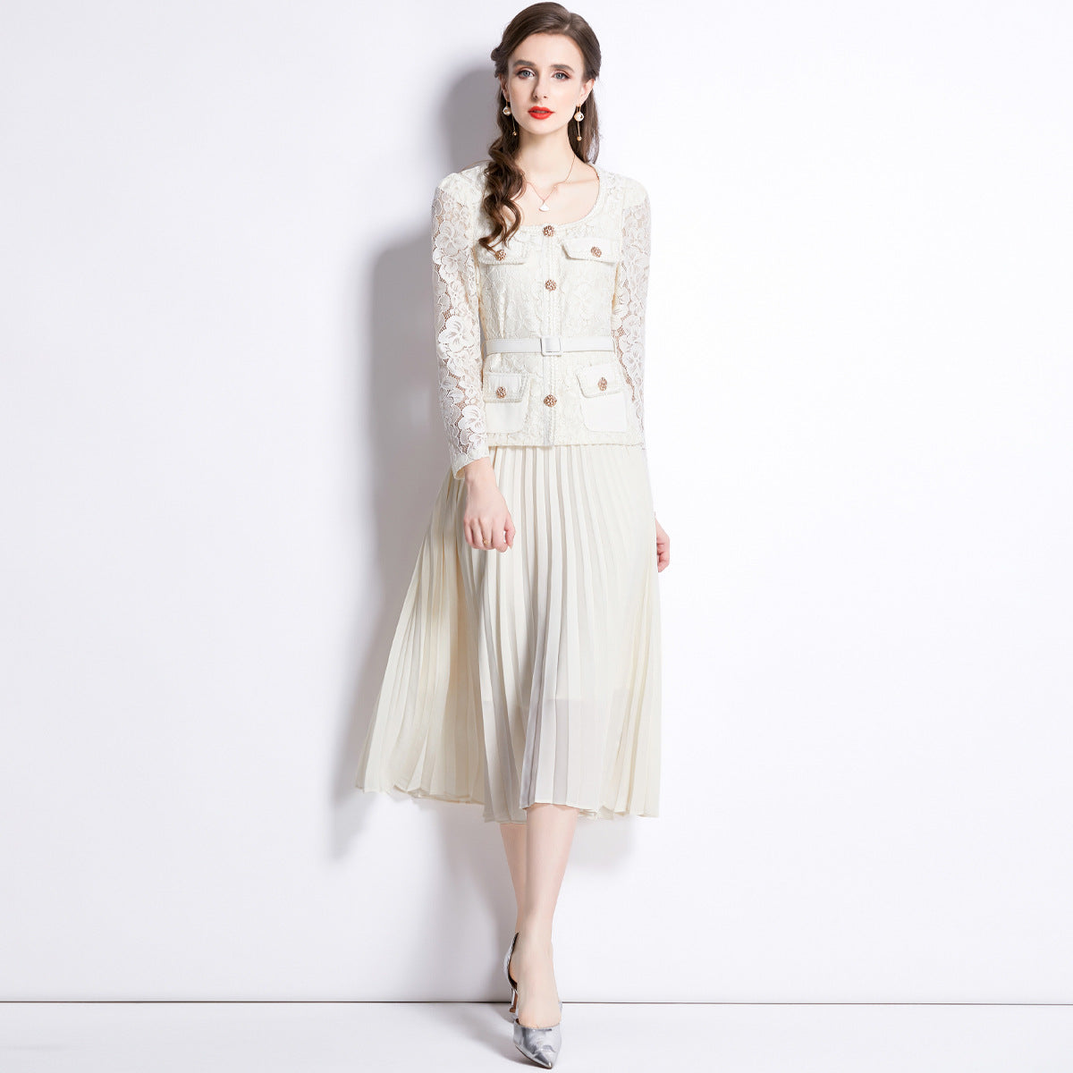 Faux Two Piece Lace Long Sleeve Pleated Midi Dress 6