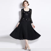 Faux Two Piece Lace Long Sleeve Pleated Midi Dress 7