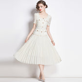 Faux Two Piece Lace Long Sleeve Pleated Midi Dress 8