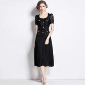 Faux Two Piece Lace Long Sleeve Pleated Midi Dress 9