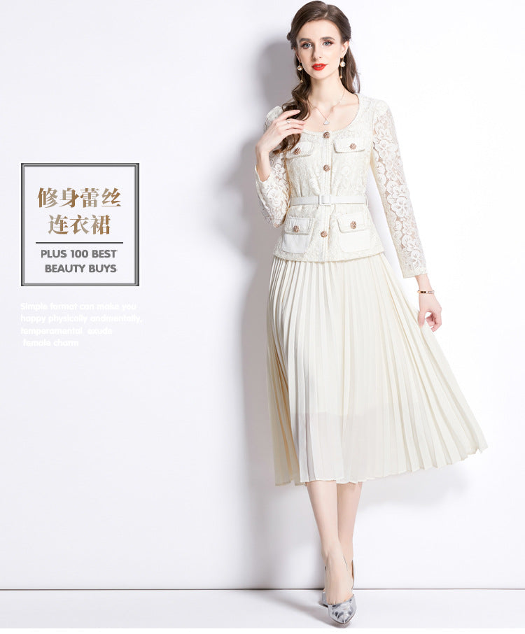 Faux Two Piece Lace Long Sleeve Pleated Midi Dress 11