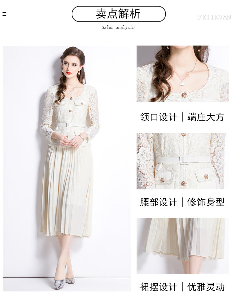 Faux Two Piece Lace Long Sleeve Pleated Midi Dress 12