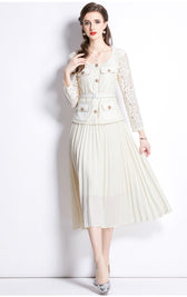 Faux Two Piece Lace Long Sleeve Pleated Midi Dress 15