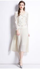 Faux Two Piece Lace Long Sleeve Pleated Midi Dress 16