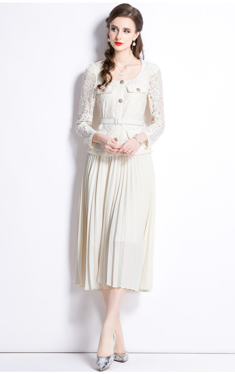Faux Two Piece Lace Long Sleeve Pleated Midi Dress 17